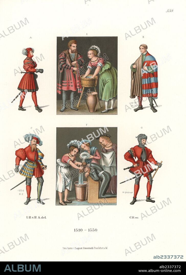 German male costume of the first half of the 16th century from paintings by Lucas Cranach. Man wearing a cowl over doublet and skirts A; John of Saxony, 1519, wearing a multicoloured great coat with long sleeves B; man in breastplate, greaves over the knee under the skirts, and iron gauntlet 1524 C; and man with helmet, breastplate, chainmail collar, greaves over the knee under the skirts D; man in luxurious cape with candle watching a washerwoman E; and a man having his hair washed by three women F. Chromolithograph from Hefner-Alteneck's "Costumes, Artworks and Appliances from the Middle Ages to the 17th Century," Frankfurt, 1889. Illustration by Dr. Jakob Heinrich von Hefner-Alteneck, lithographed by C. Regnier. Dr. Hefner-Alteneck (1811-1903) was a German museum curator, archaeologist, art historian, illustrator and etcher.