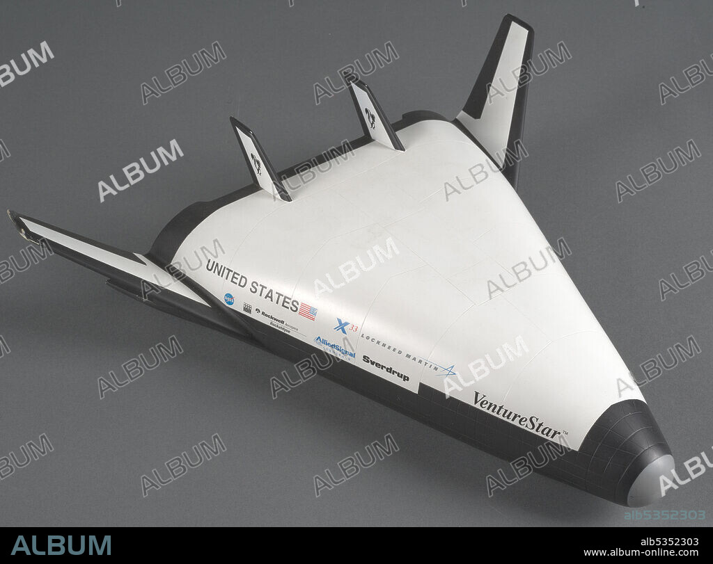 Model, X-33 VentureStar Reusable Launch Vehicle, 1990s. In 1996 NASA selected Lockheed Martin to build and fly the X-33 test vehicle to demonstrate advanced technologies for a new reusable launch vehicle to succeed the Space Shuttle. VentureStar was Lockheed's name for this future spaceplane concept. The Lockheed Skunk Works designed a lifting body shape with aerospike rocket engines and a metallic thermal protection system as a single-stage-to-orbit vehicle. The program was a joint NASA-industry effort to develop a new commercial launch vehicle, and the model bears decals of all the participating companies. NASA cancelled the project in 2001 before any test flights were carried out after some technical problems proved too difficult to solve. This model is a relic of an ambitious but failed attempt to validate a new spaceplane concept. NASA transferred the model to the Museum in 2006.
