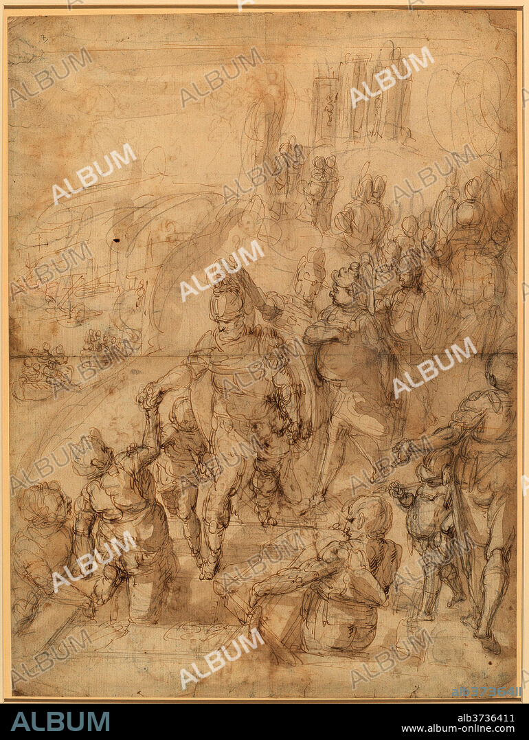 GIULIO BENSO, AFTER LUCA CAMBIASO. The Embarkation of Aeneas from the Ceraunian Headland. Dimensions: sheet: 57.8 x 33.1 cm (22 3/4 x 13 1/16 in.). Medium: pen and brown ink and brown wash over black chalk on laid paper.