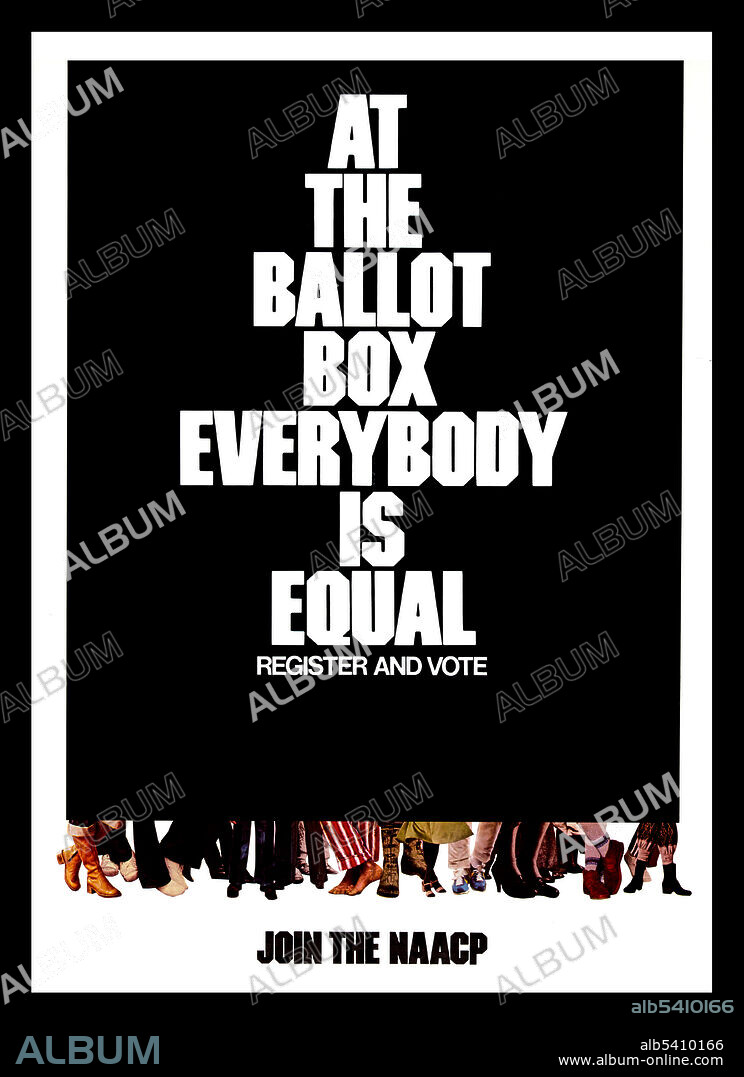 At the ballot box, everybody is equal, register and vote. Join the NAACP. The National Association for the Advancement of Colored People (NAACP) is a civil rights organization in the United States, formed in 1909 as an interracial endeavor to advance justice for African-Americans. Its mission in the 21st century is to ensure the political, educational, social, and economic equality of rights of all persons and to eliminate race-based discrimination. Its name, retained in accordance with tradition, uses the once common term colored people, referring to those with some African ancestry. Yanker Poster Collection circa 1970-80 (cropped and cleaned).