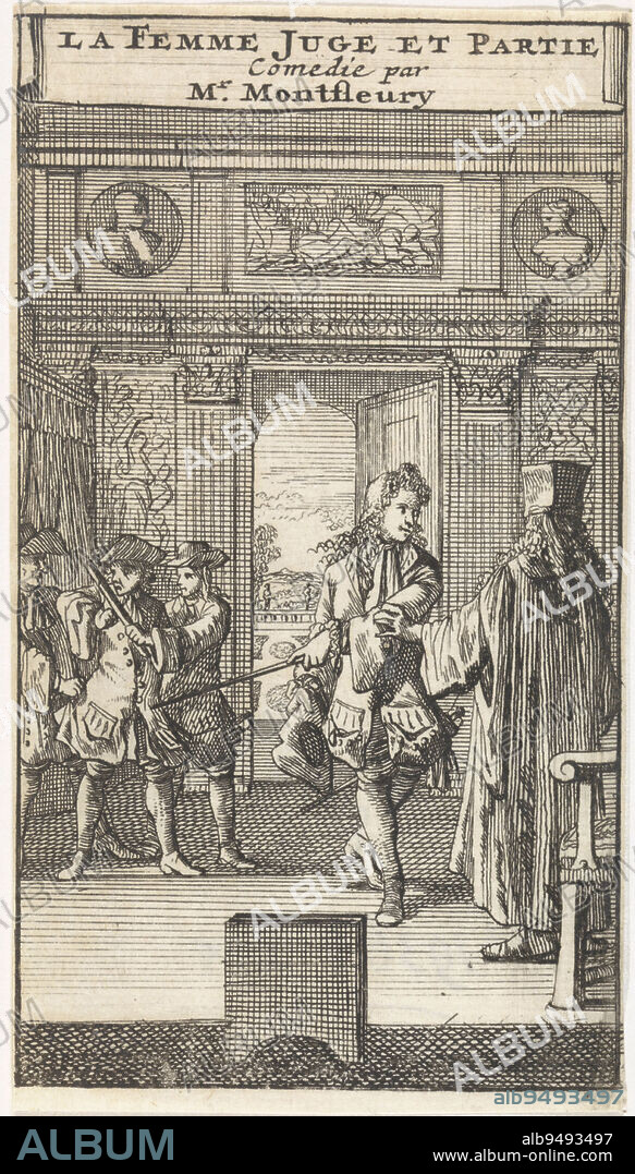 Octave points Julie to Bernadille being led in by two servants Title page for the play 'La Femme Juge et Partie' by A.J. Montfleury, 1698, print maker: Caspar Luyken, publisher: Adriaan Braakman, Amsterdam, 1698, paper, etching, h 117 mm × w 65 mm.