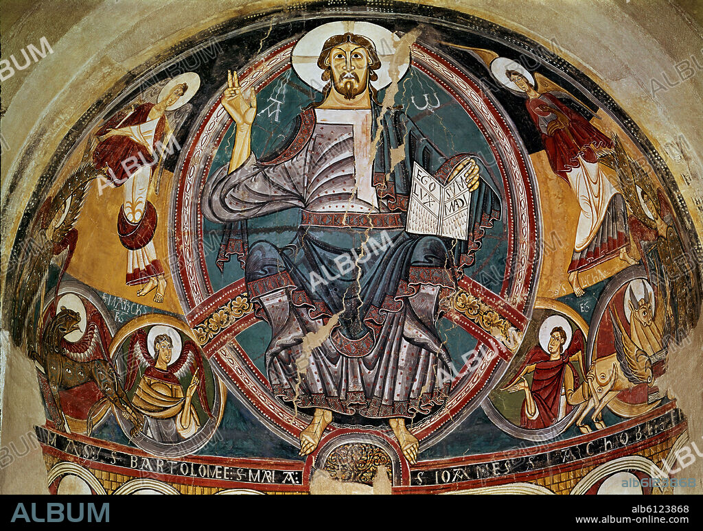 MAESTRO DE TAHULL (SIGLO XII). DETALLE DEL ABSIDE - PANTOCRATOR DE LA IGLESIA DE SAN CLEMENTE DE TAULL - SIGLO XII - ROMANICO CATALAN - PINTURA AL FRESCO.