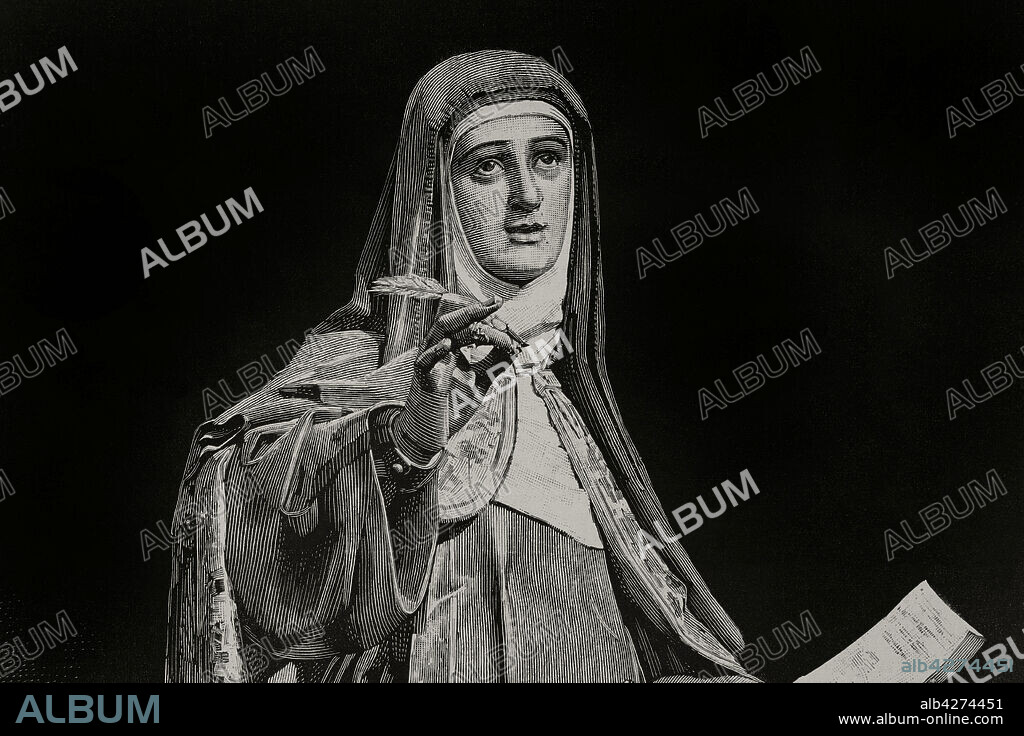 SPANISH ENGRAVER BERNARDO RICO. Santa Teresa de Jesús (1515-1682). Monja fundadora de la Orden de Carmelitas Descalzas. Mística y escritora española. Retrato de Santa Teresa de Jesus. Grabado por Rico a partir de una escultura atribuida a Gregorio Hernández, existente en el Museo de Valladolid. Detalle. La Ilustración Española y Americana, 8 de octubre de 1882.