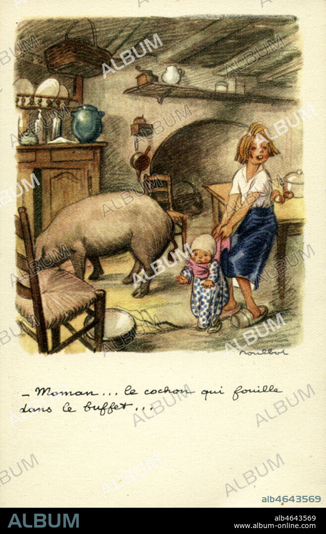'Maman... le cochon qui fouille dans le buffet'. Carte postale de 1938 illustree par POULBOT (1879-1946) pour la ligue contre les taudis. Credit : Collection Kharbine-Tapabor.