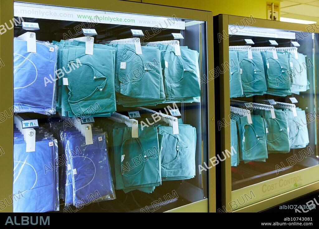 Scrub suits, clothes vending machine operating room, Hospital Donostia, San Sebastian, Gipuzkoa, Basque Country, Spain.