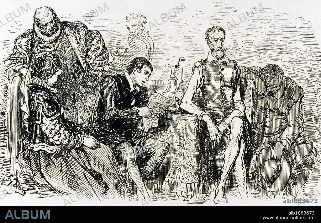 Don Quixote by Miguel de Cervantes. The student Don Lorenzo reads the poems at their guests Don Quixote and Sancho and his family. Gustave Dore engraving (II, 18). 19th century.