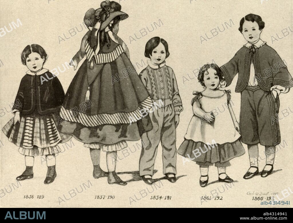 CECIL W TROUT. 'Children's clothing from 1850-1860', 1907, (1937). From "History of American Costume - Book One 1607-1800", by Elisabeth McClellan. [Tudor Publishing Company, New York, 1937].