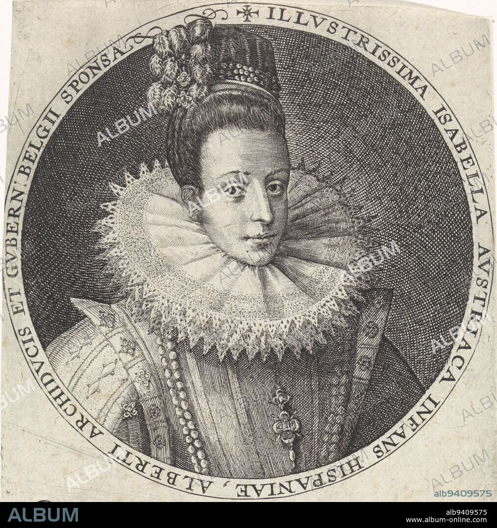 Portrait of Isabella Clara Eugenia, infante of Spain and consort of Albrecht, archduke of Austria. In the border of the frame the name and function of the person portrayed in Latin. In the margin a four-line poem of praise in Latin, Portrait of Isabella Clara Eugenia, Infanta of Spain, print maker: Crispijn van de Passe (I), publisher: Crispijn van de Passe (I), (mentioned on object), unknown, 1574 - 1637, paper, engraving, h 145 mm × w 110 mm.