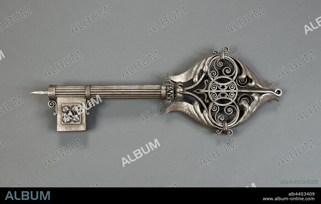 French: Sign for a Locksmith, French, 18th–early 19th century, Iron, This 18th-century key has always been meant for display. It was made as a sign for a locksmith's shop in France. The ornate decoration was probably intended to show off the skills of the artisan who owned the shop., Overall: 24 1/8 x 8 5/8 x 2 5/8 in. (61.3 x 21.9 x 6.7 cm).