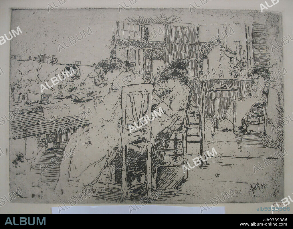 The Lace Makers, Robert Frederick Blum, American, 1857-1903, Etching on cream colored wove paper, 1885, sheet: 12 15/16 x 18 7/16 in., 32.9 x 46.8 cm, American, Blum, domestic, etching, figuration, figurative, lace, needlework, paper, piece-work, Robert Frederick Blum, sweatshop.