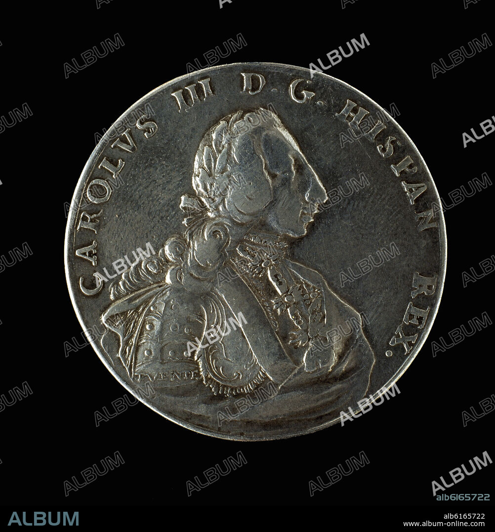 FUENTE V. ANVERSO DE UNA MONEDA DE PLATA CON LA EFIGIE DE CARLOS III CON PELUCA LAUREL MANTO Y BANDA CON MOTIVO DE SU PROCLAMACION COMO REY DE ESPAÑA.