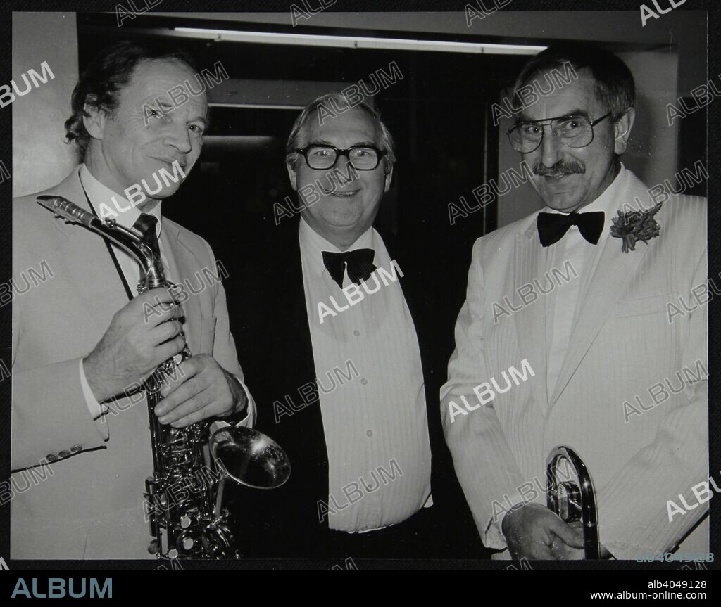 John Dankworth, Dennis Matthews (Managing Director of Crescendo and Jazz Music), and Don Lusher, at a concert by the Ted Heath Orchestra, Barbican Hall, London, 5 December 1985.