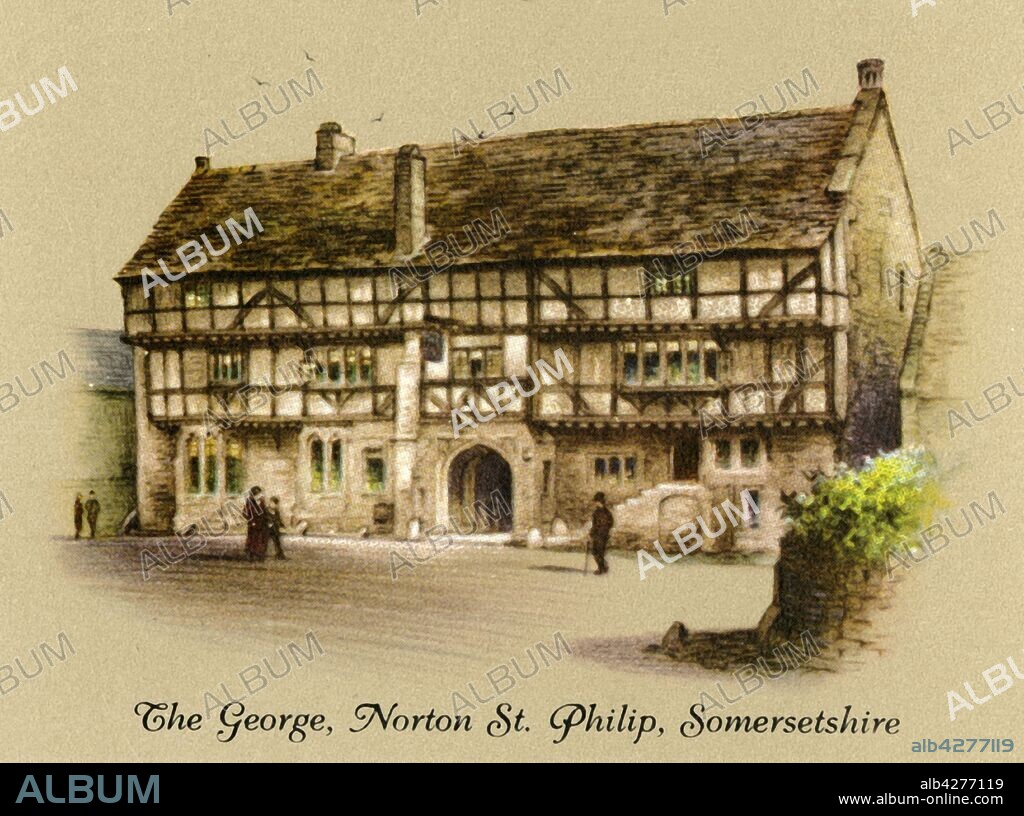 'The George, Norton St. Philip, Somersetshire', 1936. The George Inn, built 14th or 15th century,  Grade I listed. Used as headquarters during the Monmouth Rebellion, then as a courtroom during the Bloody Assizes. From "Old Inns - A Series of 40", 1936. [W. D. & H. O. Wills, 1936].