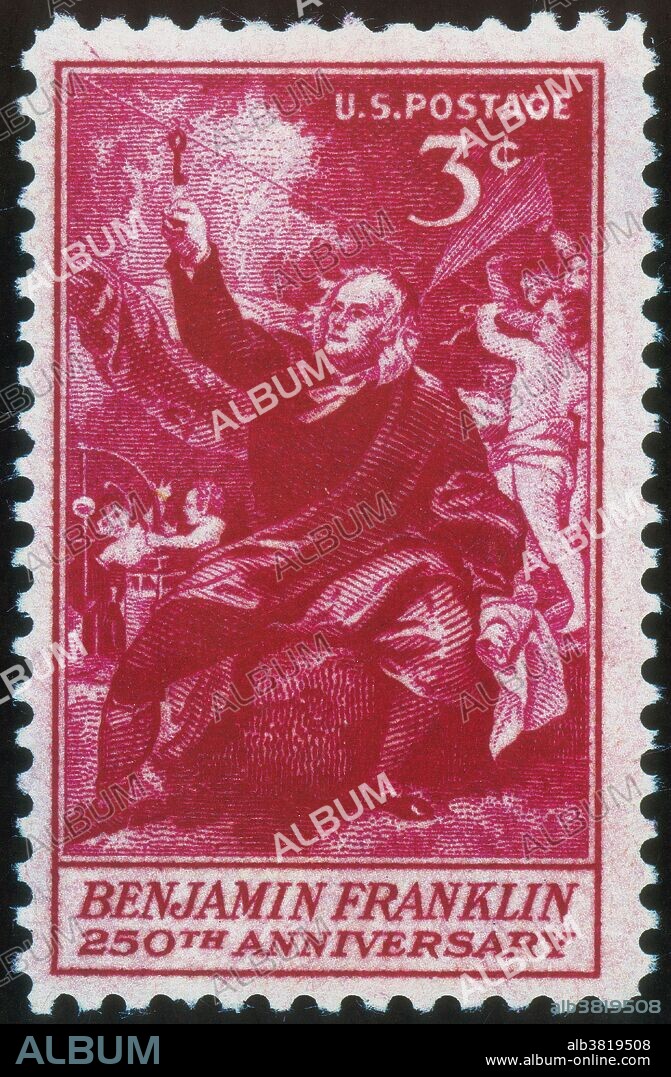 U.S. postage stamp commemorating the 250th anniversary of Benjamin Franklin's birth. Benjamin Franklin (January 17, 1706 - April 17, 1790) was one of the Founding Fathers of the United States. He was an author, printer, political theorist, politician, postmaster, scientist, musician, inventor, satirist, civic activist, statesman and diplomat. As a scientist, he was a major figure in the American Enlightenment and the history of physics for his discoveries and theories regarding electricity. He earned the title of "The First American" for unfaltering campaign for colonial unity; spokesman in London for several colonies and as the first US Ambassador to France. He personified the American ethos; practical, democratic values of thrift, hard work, education, community spirit, self-governing institutions, and opposition to authoritarianism both political and religious, with the scientific and tolerant values of the Enlightenment. He died on April 17, 1790, at age 84. Approximately 20,000 people attended his funeral.