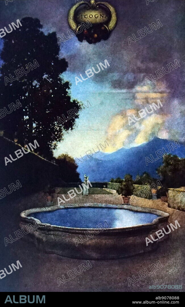 MAXFIELD FREDERICK PARRISH. In the Gardens of Villa Cicogna, Lago Maggiore, illustration by Maxfield Parrish, for Edith Wharton's 'Italian Villas and Their Gardens'. 1904.