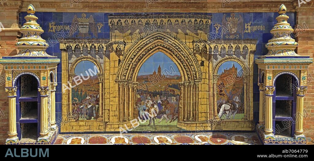 REPRESENTACION DE SEGOVIA - FIRMA DE LA CONCORDIA DE SEGOVIA ENTRE ISABEL Y FERNANDO EN 1475 - MOSAICO DE LA PLAZA DE ESPAÑA DE SEVILLA - SIGLO XX.