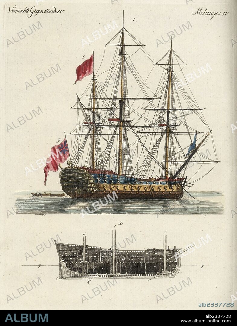 Ship of the line, with section through interior of the hull. Handcoloured copperplate engraving after Christiane Henriette Dorothea Westermayr from Friedrich Johann Bertuch's Bilderbuch fur Kinder (Picture Book for Children), Weimar, 1792.