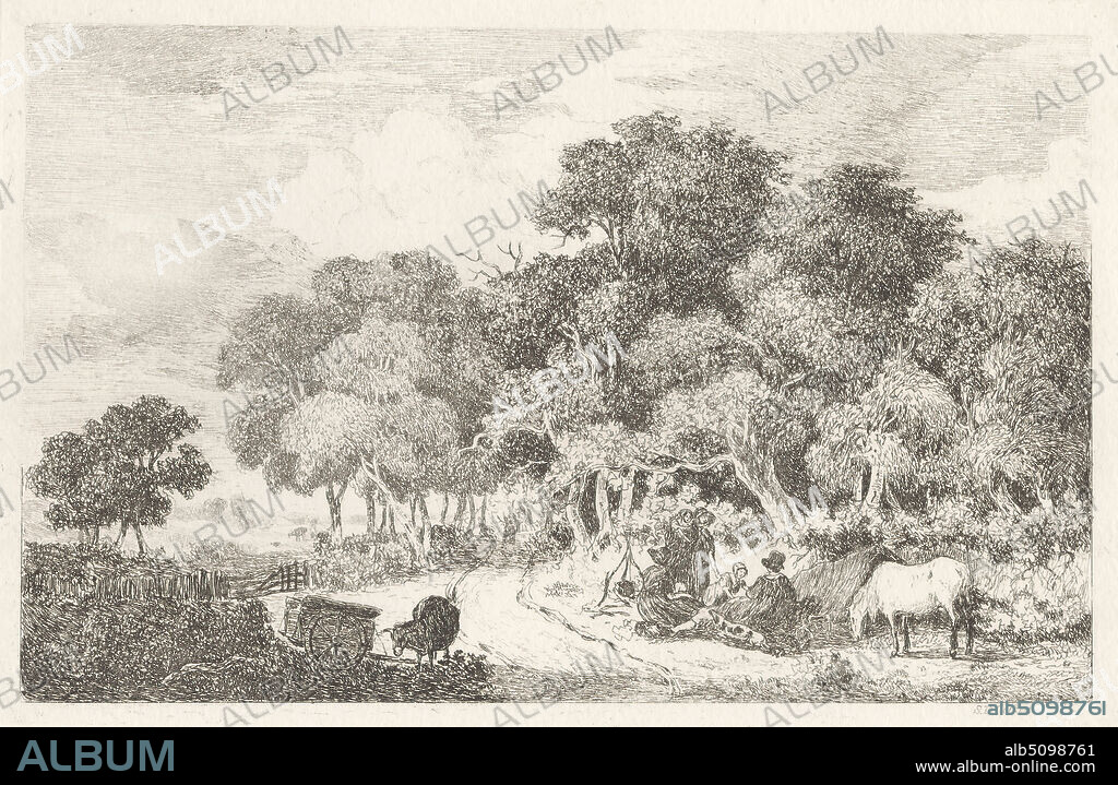The Gipsy Encampment, Print made by Samuel David Colkett, 18061863, British, after Samuel David Colkett, 18061863, British, 1830, Etching on very thick, rough, white wove paper, Sheet: 11 7/16 x 15 3/4 inches (29.1 x 40 cm), Plate: 5 5/8 x 8 7/16 inches (14.3 x 21.5 cm), and Image: 5 1/16 x 8 1/16 inches (12.9 x 20.4 cm), baskets, bonnets (hats), camp (temporary settlement), costume, cow, dog (animal), dresses, fence, field, genre subject, grazing, gypsies, horses (animals), landscape, nomads, path, road, tent, travel, travelers, trees, wagon, wheelbarrow, windmill, women.