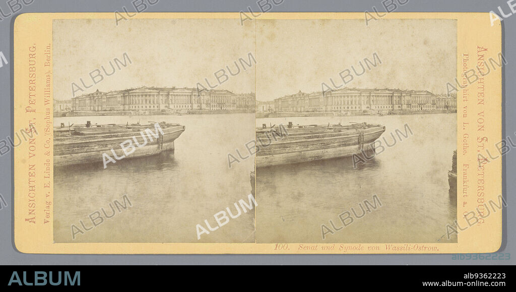 View of the Senate and Synod building in St. Petersburg, Senat und Synode von Wassili-Ostrow (title on object), L. Gothe (mentioned on object), publisher: E. Linde & Co. (Sophus Williams) (mentioned on object), Sint-Petersburg, publisher: Berlin, c. 1850 - c. 1880, cardboard, albumen print, height 85 mm × width 170 mm.