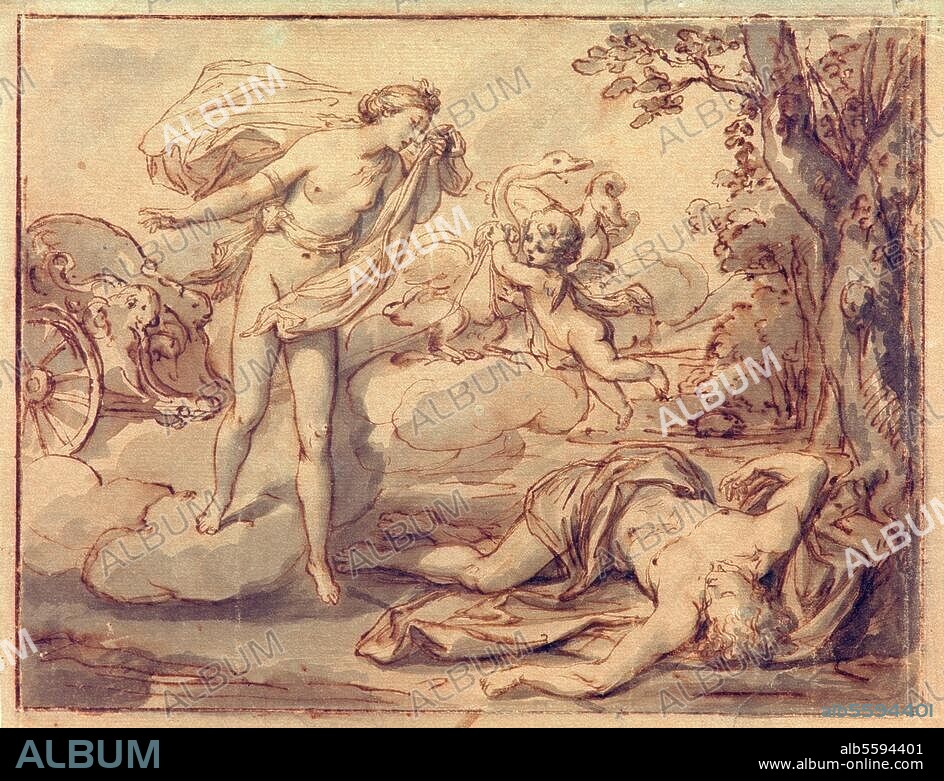 ANTON RAPHAEL MENGS. Mengs, Anton Raphael 1728-1779. "Venus mourns Adonis", c. 1757. (Venus mourns Adonis, killed by a boar; - Ovid, Met. X, 529 ff.). Watercoloured sepia, 20 × 21.6cm. France, private collection.