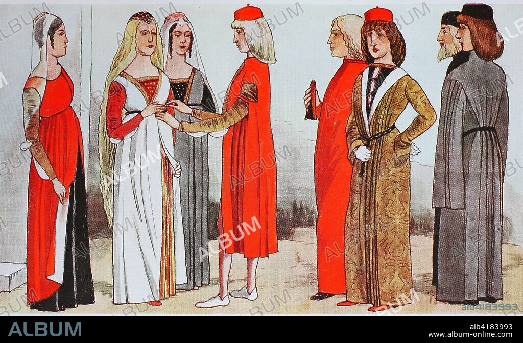 Clothing, fashion in Italy at the time of the early Renaissance around 1460-1490, from the left, women and men at an engagement party in Ferrara, after a painting by an artist from Ferrara 1460-1470, in the Kaiser Friedrich Museum in Berlin, digital improved reproduction from an original from the year 1900.