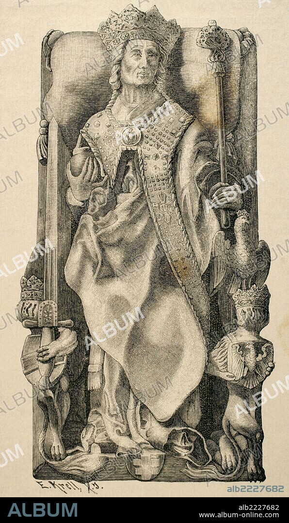 VLADISLAO II DE POLONIA. Jogaila, después Vladislao II Jagellón (1362-1434). Gran Duque de Lituania (1377-1434), rey consorte del Reino de Polonia (1386-1399) y único rey de Polonia (1399-1434). Grabado con la representación del sarcófago del monarca, en la Catedral de Cracovia (según Essenwein) .