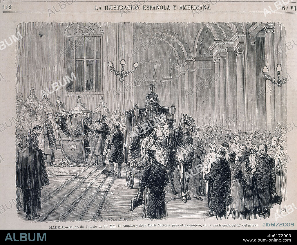 URRABIETA / CAPUZ. AMADEO DE SABOYA SALE DEL PALACIO REAL DESPUES DE LA ABDICACION EN FEBRERO DE 1873 - ILUSTRACION ESPAÑOLA Y AMERICANA.