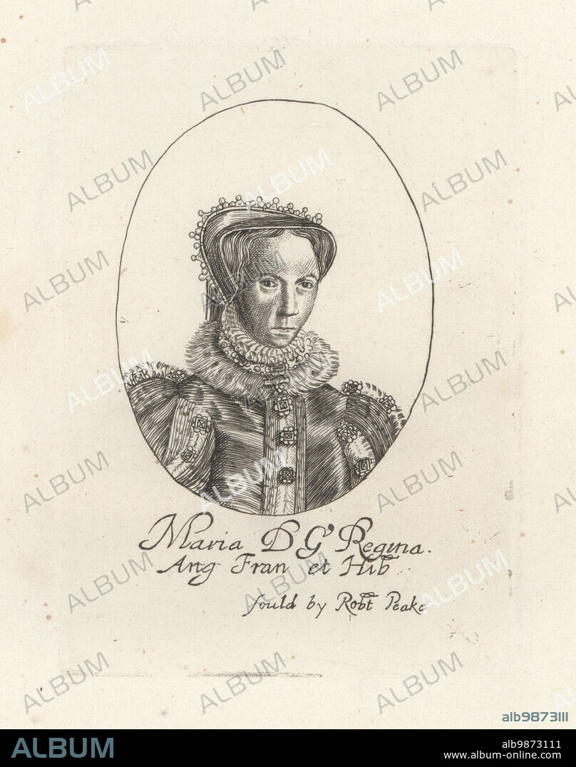 Mary I, Mary Tudor or Bloody Mary, Queen of England, 1516-1558. In French hood, ruff collar, bejeweled gown trimmed with fur. Maria DG Regina Ang Fran et Hib. From William Faithorne's set of Kings sold by Robert Peake. Copperplate engraving from Samuel Woodburns Gallery of Rare Portraits Consisting of Original Plates, George Jones, 102 St Martins Lane, London, 1816.