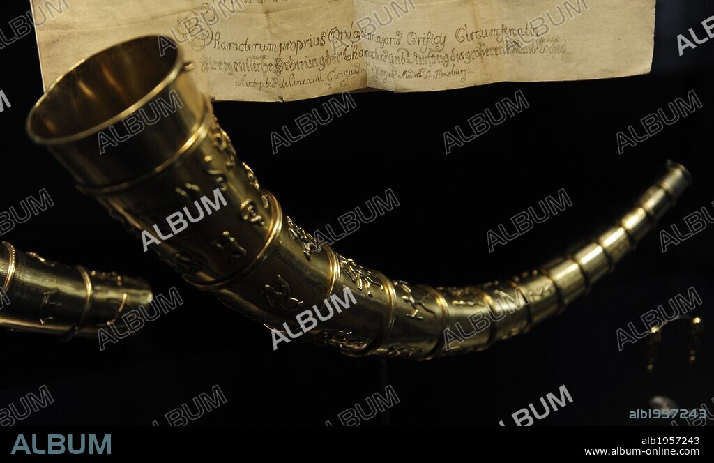 The Golden Horns of Gallehus, discovered in Gallehus, north of Mogeltonder, Southern Jutland, Denmark. The horns date to the early 5th century, the beginning of the Germanic Iron Age. The original horns were stolen and melted down in 1802. Replicas of the horns must thus rely on 17th and 18th-century drawings that also having been stolen and retrieved twice, in 1993 and in 2007. Museum of Denmark.