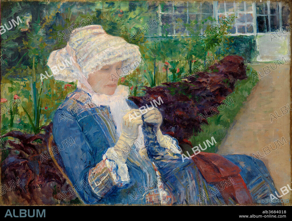 Lydia Crocheting in the Garden at Marly. Artist: Mary Cassatt (American, Pittsburgh, Pennsylvania 1844-1926 Le Mesnil-Théribus, Oise). Dimensions: 25 13/16 x 36 7/16 in. (65.6 x 92.6 cm). Date: 1880.
Cassatt and her family spent the summer of 1880 at Marly-le-Roi, about ten miles west of Paris. Ignoring the village's historic landmarks in her art, Cassatt focused instead on the domestic environment. Here, she portrayed her elder sister, Lydia, fashionably dressed and insulated by a walled garden from any modern hurly-burly. Lydia is absorbed in the sort of old-fashioned handicraft that was increasingly prized by the well-to-do as factory manufacture by working-class women escalated. Although Cassatt was generally uninterested in plein-air painting, she captured the effects of dazzling sunlight beautifully in this work, especially in Lydia's large white hat.