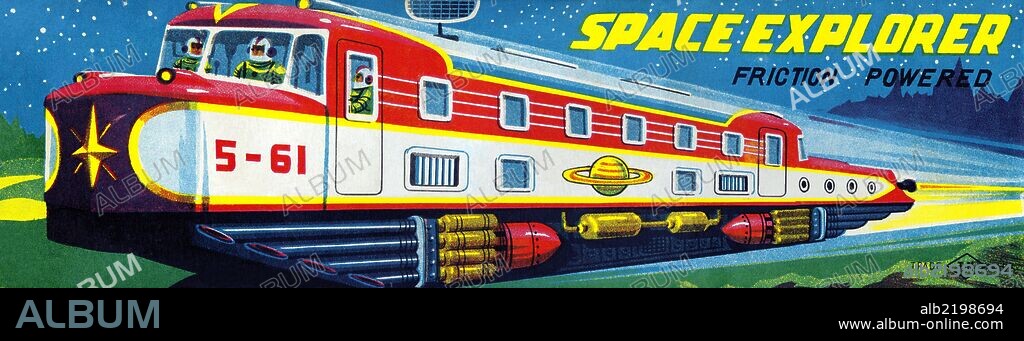 The 1950's was a time of wonder and the universe was the focus of many young imaginations.  Hollywood adopted science fiction and the toy industry followed closely.  The Japanese manufactured toy robots for the children of America and designed great boxes to hold these vintage tin toys.  This illustration art comes directly from these boxes.