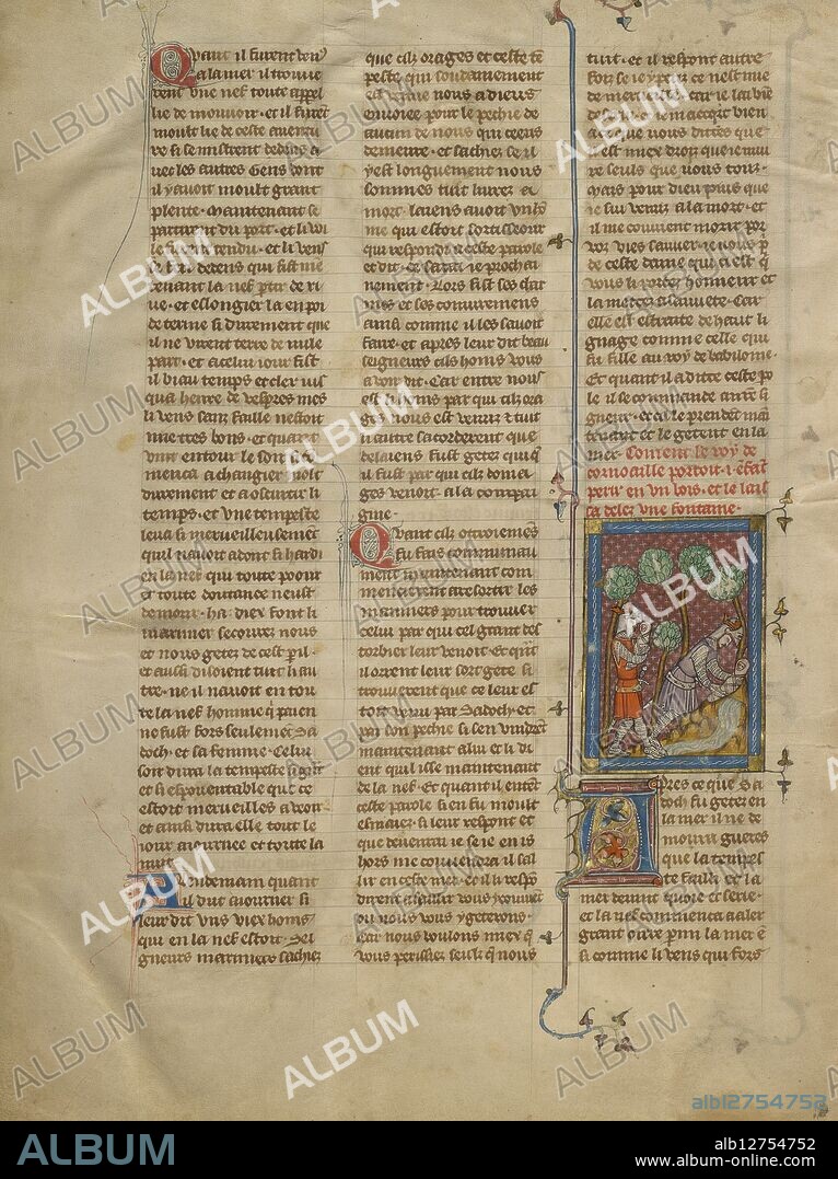 King Tanor Placing his Child in a Well; Roman du Bon Chevalier Tristan, Fils au Bon Roy Meliadus de Leonois, about 1320-1340. Page from a book based on the medieval chivalric romance of Tristan and Iseult, also known as Tristan and Isolde.