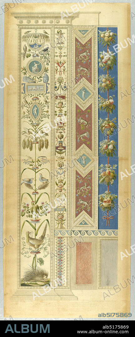 Wall Decoration, Plate XI from Le loggie di Rafaele nel Vaticano (Raphael's Loggia in the Vatican), Giovanni Volpato, Italian, 1733 - 1803, Pietro Camporesi, Italian, 1726 1781, Raphael, (Italian, 14831520), Brush and watercolor, gouache over etching on white wove paper, Grotesque decoration., Italy, 17721777, ornament, Print, Print.