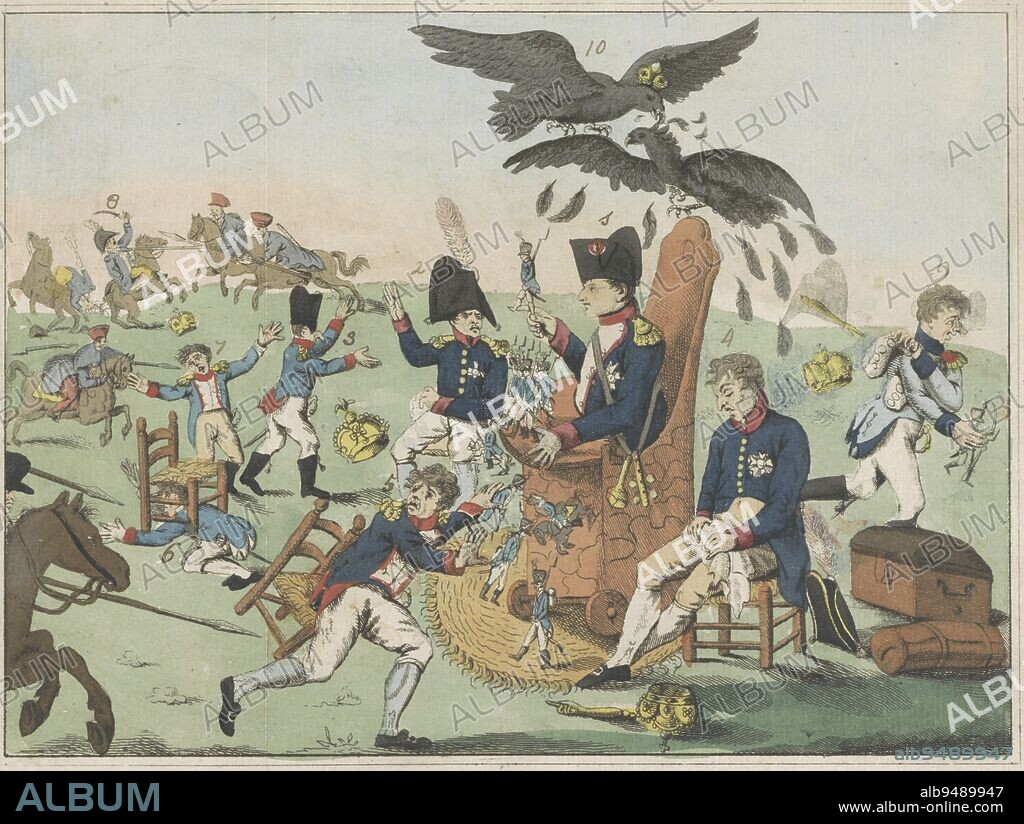 Napoleon in the Cockpit, 1813, anonymous, 1813, Cartoon on Napoleon after defeat at the Battle of Leipzig, 1813. Napoleon has lost his mind and is sitting in a poop chair playing with toy soldiers. To the left of the emperor an angry general. Napoleon's three brothers lose their crowns: on the right, his brother Joseph Bonaparte, King of Spain, sits defeated on a chair. In the foreground, his brother Jerome Bonaparte, King of Westphalia, is being chased by a Cossack. On the left more to the rear, Louis Napoleon in despair raises his hands in the air. On the right, De Celles flees. Many of the French in the scene are being chased by Cossacks on horseback. In the sky, German and French eagles are fighting. Numbers have been handwritten next to the figures in the depiction, corresponding to the numbers in the separate statement accompanying the print., print maker: anonymous, Netherlands, 1813, paper, etching, h 212 mm × w 272 mm.