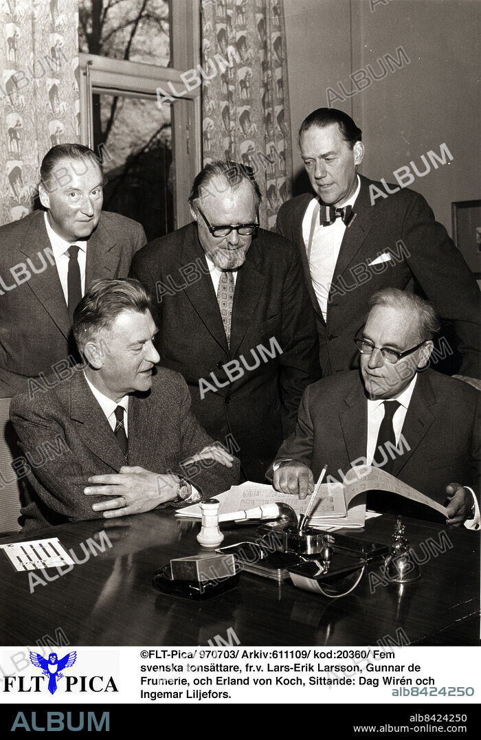 ©FLT-Pica/ 970703/ Arkiv:611109/ kod:20360/ Fem svenska tonsättare, fr.v. Lars-Erik Larsson, Gunnar de Frumerie, och Erland von Koch, Sittande: Dag Wirén och Ingemar Liljefors.
