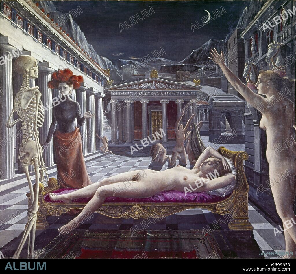 Venus Asleep. by Paul Delvaux. Paul Delvaux was a Belgian painter, famous for his surrealist paintings with female nudes staring at the horizon. He was born in Anheit, Belgium in 1897 and died in Veurne in 1994.. ©Topham.