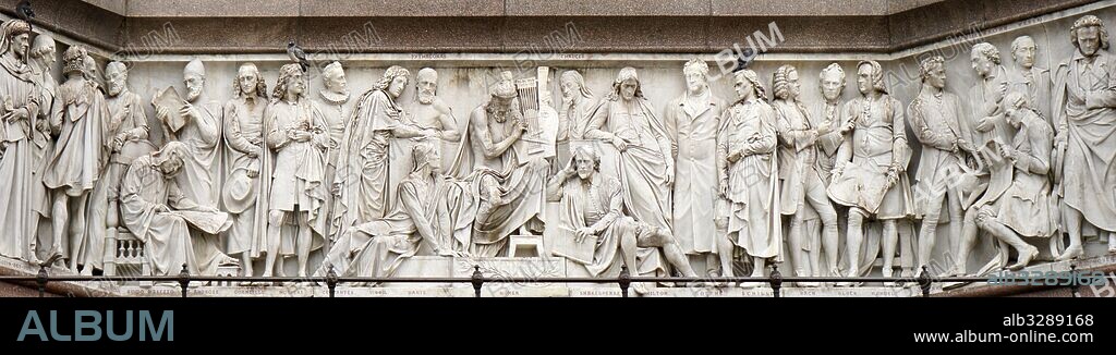 The Albert Memorial in Kensington Gardens, London. Commissioned by Queen Victoria in memory of her beloved husband, Prince Albert who died of typhoid in 1861. The memorial was designed by Sir George Gilbert Scott in the Gothic Revival style. Opened in July 1872 by Queen Victoria.