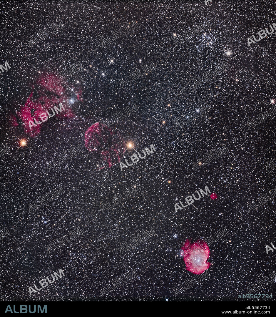 A two-panel mosaic of nebulas and clusters in southern Gemini and northern Orion. The Messier 35 star cluster is at top accompanied by the smaller cluster NGC 2158. At left near the orange star Eta Geminorum is the crescent-shaped Jellyfish Nebula, IC 443, a supernova remnant. The fainter, diffuse nebula at far left is IC 444. At bottom and over the border in Orion is the Monkey Head Nebula, NGC 2174. The little round nebula above NGC 2174 is Sharpless 2-247.