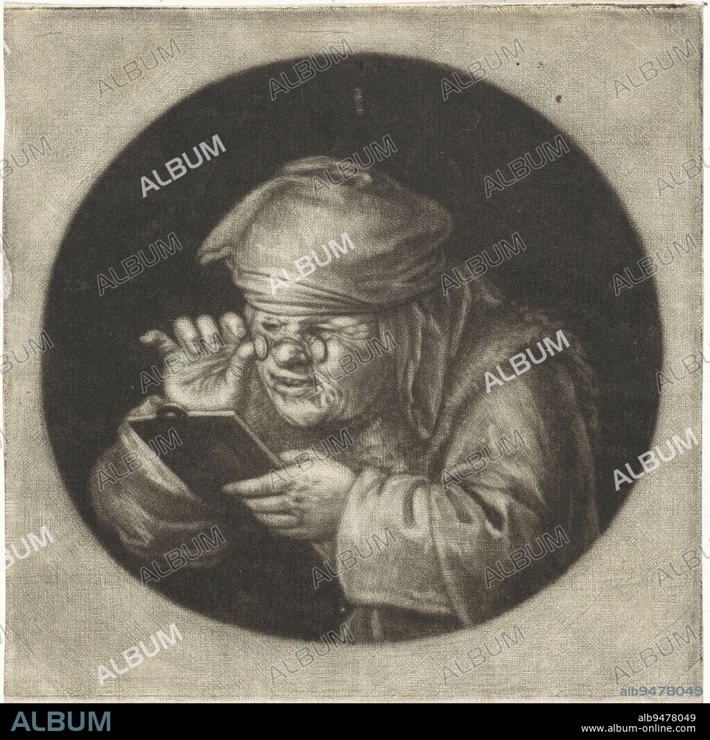 The Face: reading old woman The five senses in medallions , print maker: Jacob Gole, publisher: Nicolaes Visscher (I), (mentioned on object), Amsterdam, 1670 - 1709, paper, engraving, h 130 mm × w 110 mm.