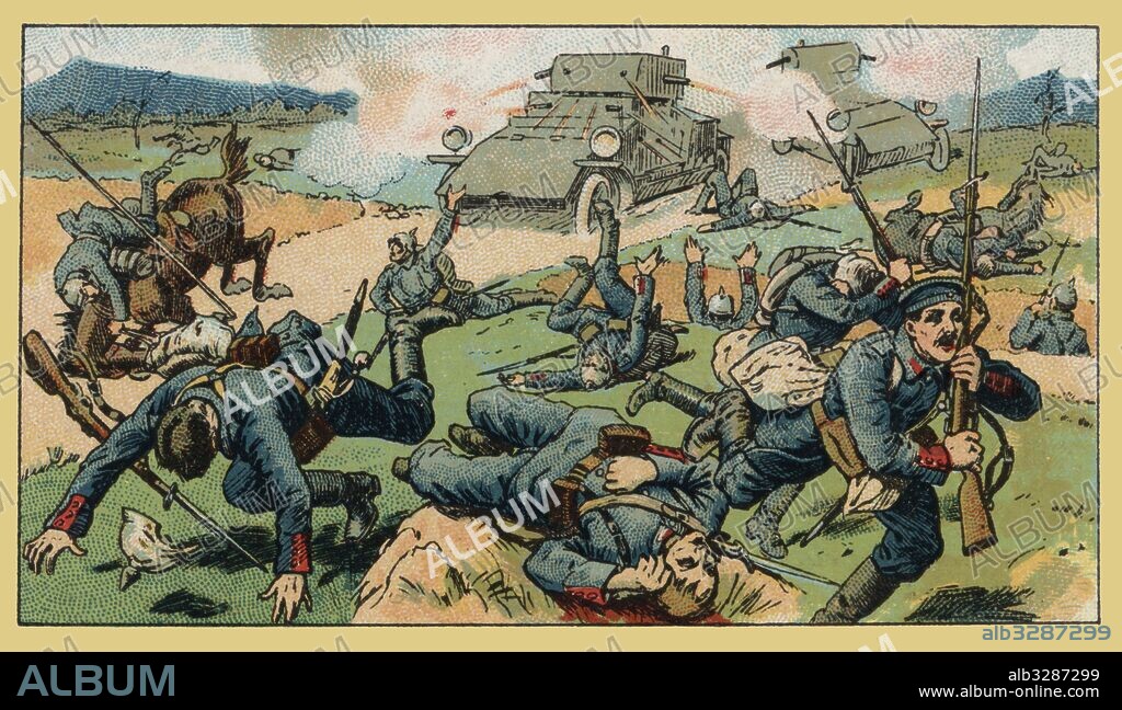 Primera guerra europea (1914-1918). Ataque de los autos blindados rusos en Galitzia, antigua región perteneciente al imperio austrohúngaro. Años 1920.