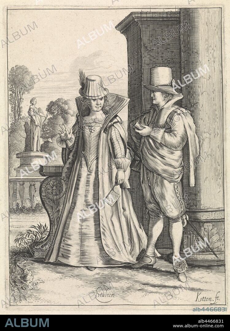Elegant couple in Italian clothing L 'Italien (title on object) Costumes in Europe (series title), In front of a column is an elegant pair in Italian clothing, c. 1620. The woman's robe has an upstanding collar and openwork sleeves so that the sleeves of the bodice are visible. In the background a park with a statue of a woman with a bow and a dog. The print is part of a series with six prints about costumes in Europe., Clothes, costume (men's clothes), clothes, costume (women's clothes), Europeans (with NAME) (costume), head-gear: hat (men's clothes) ), head-gear: women's clothes, neck-gear: men's clothing, neck-gear: women's clothes, dress, gown (VLIEGER), clothing for the upper part of the body (with NAME) (women's clothes), sleeves (women's clothes), fan (women's clothes), clothing for the upper part of the body (DOUBLET) (men's clothes), trousers, breeches, etc. (BREECHES) (men's clothes) ), coat (men's clothes), shoes, sandals (men's clothes), Italy, Cornelis van Kittensteyn (mentioned on object), Netherlands, 1610 - 1638, paper, engraving, h 206 mm × w 150 mm.