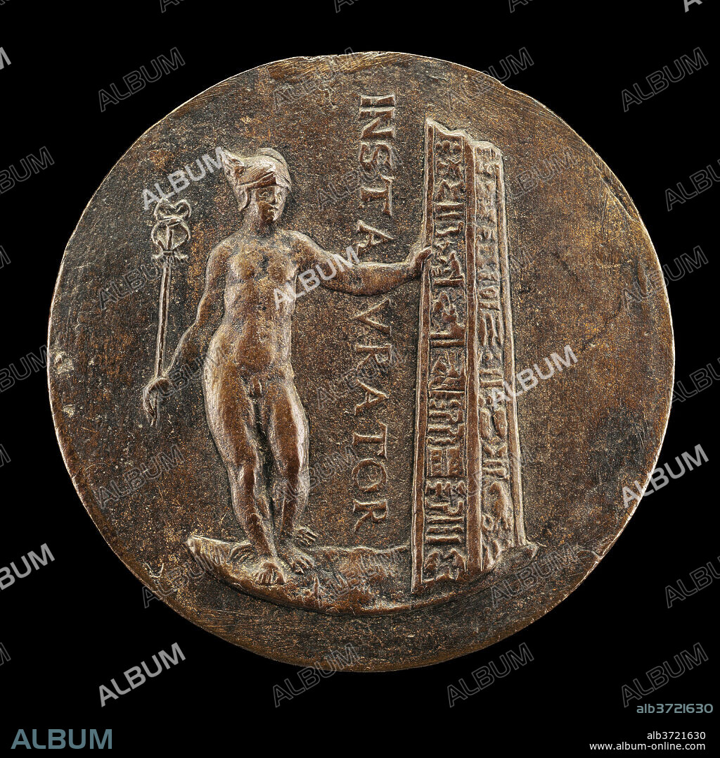 ITALIAN 16TH CENTURY. Mercury and a Broken Obelisk [reverse]. Dated: c. 1545/1550. Dimensions: overall (diameter): 6.1 cm (2 3/8 in.)  gross weight: 88.44 gr (0.195 lb.)  axis: 6:00. Medium: bronze.