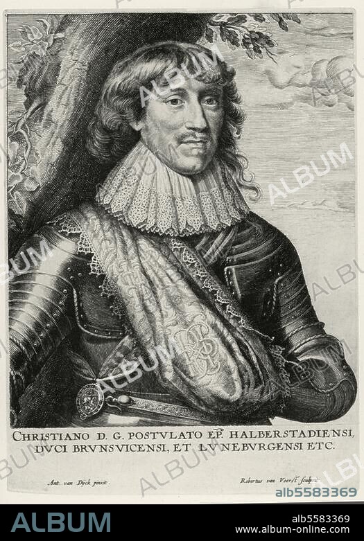 Christian d. J. von Braunschweig-Wolfenbüttel, genannt "der tolle Halberstädter", Heerführer im 30 jähr. Krieg Gröningen 20.9.1599 - Wolfenbüttel 16.6.1626. Porträt. Kupferstich, um 1625, von Robert van Voerst nach Gemälde von Ant. van Dyck.