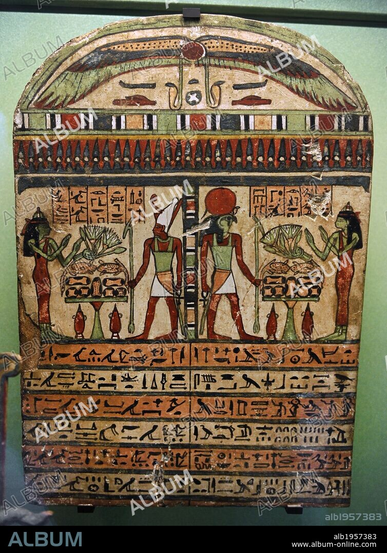 Egyptian art. Egypt. Baba, daughter of the priest of Amun Bes-n-Mut, praying to the sun gods Atum (left) and Re-Harakhte. Funerary stela of wood. Luxor, Late Period, 650-640 BC. National Museum of Denmark.