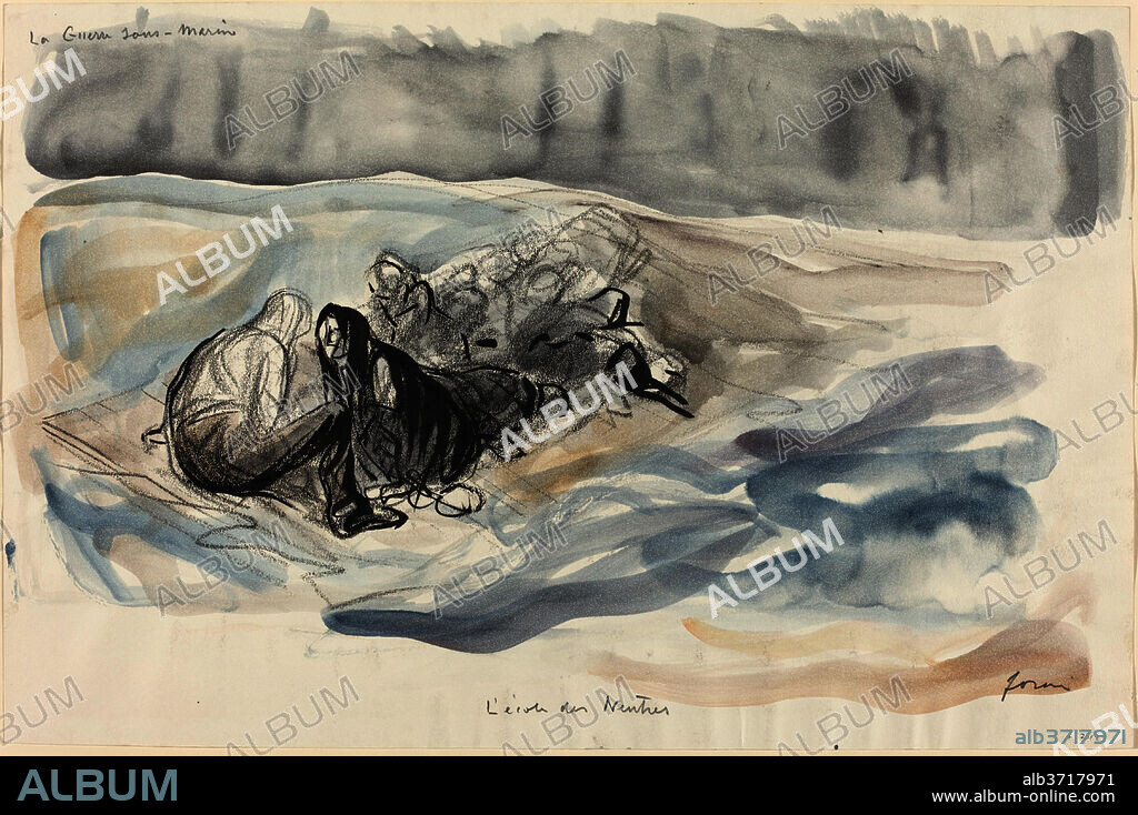 JEAN-LOUIS FORAIN. La Guerre sous-Marine.  L'ecole des Neutres. Dated: c. 1914/1919. Dimensions: overall: 32.8 x 50 cm (12 15/16 x 19 11/16 in.). Medium: brush and black ink and black crayon with watercolor on wove paper.