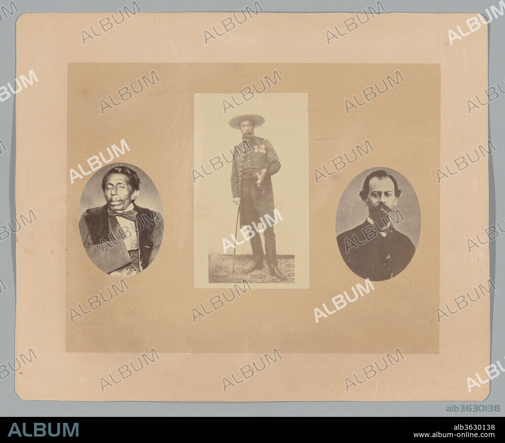[General Tomas Mejia, Emperor Maximilian, General Misamon]. Artist: François Aubert (French, 1829-1906); Noriega. Dimensions: Image (left, oval): 5.4 × 4 cm (2 1/8 × 1 9/16 in.)
Image (center): 9.2 × 5.4 cm (3 5/8 × 2 1/8 in.)
Image (right, oval): 5.3 × 4 cm (2 1/16 × 1 9/16 in.)
Mount: 18.2 × 22.2 cm (7 3/16 × 8 3/4 in.). Date: 1867.
