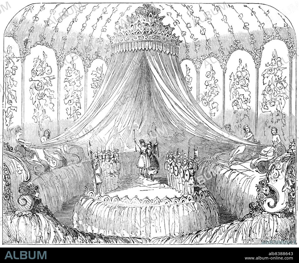 Lyceum - Scene from "King Charming; or, The Blue Bird of Paradise", 1850. London stage production of James Planché's play. 'Madame Vestris enacts King Charming with right regal grace: her dress was evidently taken from the state costume of the Nepaulese Ambassador. Mr. Frank Matthews and his wife, as King Henpeckt and his spouse, were admirably comic; and Miss St. George was very fascinating as the heroine. It is impossible to bestow too much praise upon the scenery, painted by Mr. Beverly and Mr. Meadows...The plot of the piece hinges chiefly upon the resolve of a queenly step-mother to marry her own rather than her step-daughter to King Charming, who is accordingly tricked into eloping with the "wrong lady"; and when, on discovering his blunder, he refuses to wed the lady, is transformed by her fairy god-mother into a bird of paradise...'. From "Illustrated London News", 1850.