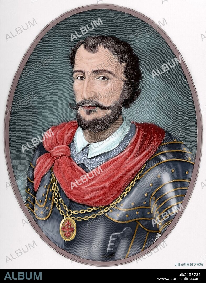 ARTURO CARRETERO Y SÁNCHEZ. DIEGO HURTADO DE MENDOZA (1503-1575) Político y escritor español. Luchó en las Alpujarras contra los moriscos, lo que reflejó en su relato "Guerra de Granada" (1627). Grabado de Carretero. "Almanaque de La Ilustración", año 1884. Coloreado.