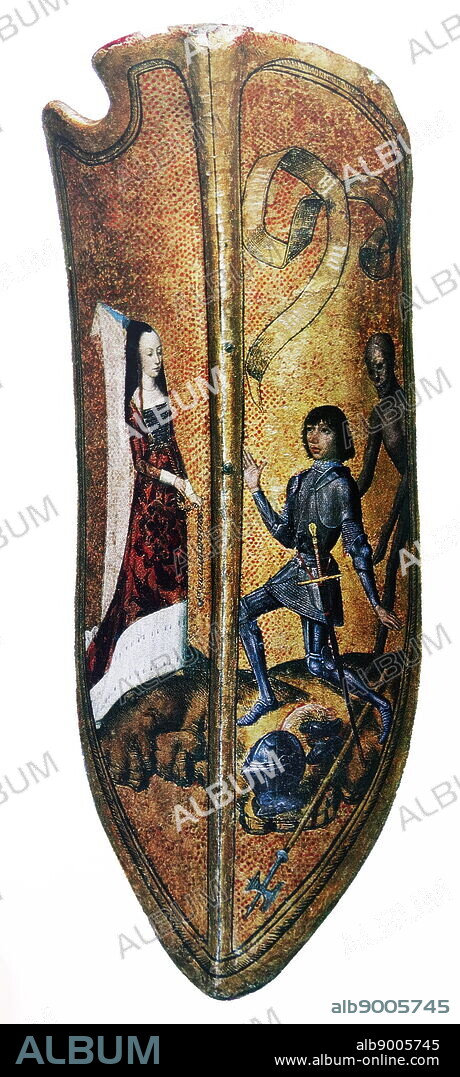 Decorative shield depicting a knight kneeling before his lady. A scroll reads 'Vous ou la mort' which translates to 'You or Death', the skeleton in the background symbolises death. Dated 13th Century.