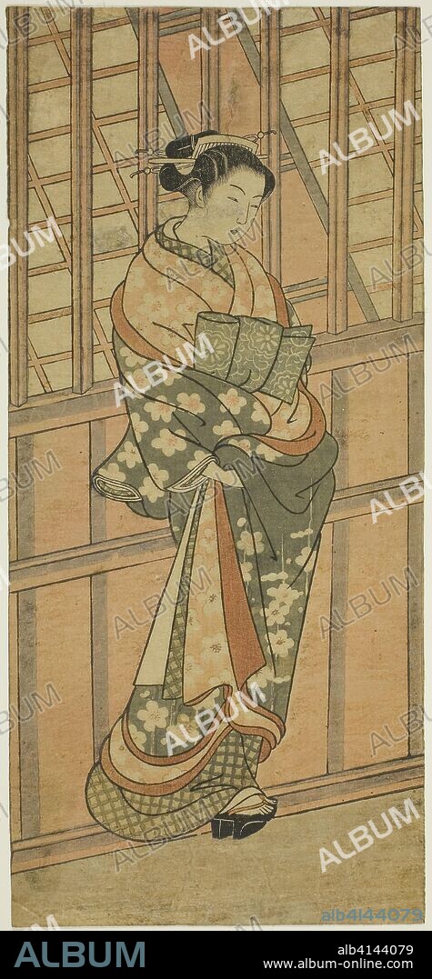 Courtesan Standing in Front of a Barred Window. Attributed to Ishikawa Toyonobu; Japanese, 1711-1785. Date: 1760-1770. Dimensions: 27.3 x 12.3 cm (10 3/4 x 4 13/16 in.). Color woodblock print; chuban, trimmed at left and right. Origin: Japan.